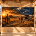 Texas Longhorn at Cattle Trailer Wrapped Canvas Wall Art – Western Ranch Sunset Landscape