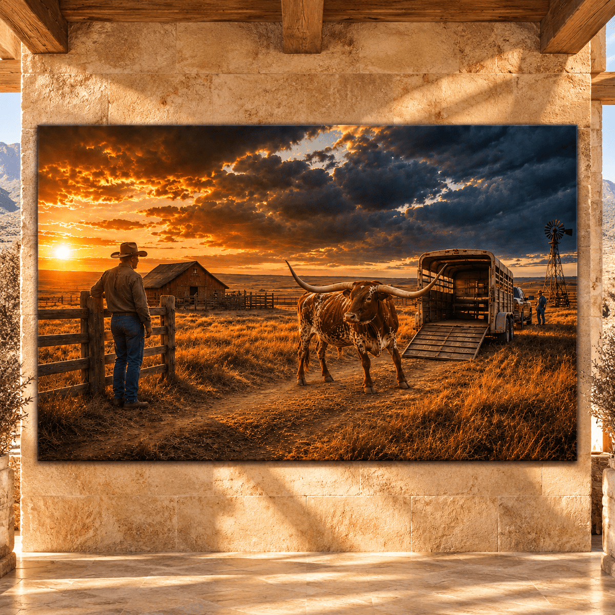 Texas Longhorn at Cattle Trailer Wrapped Canvas Wall Art – Western Ranch Sunset Landscape - ART OF ROYALS