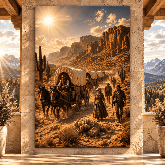 Covered Wagon Train Wrapped Canvas Wall Art – Old West Pioneer Trail & Western Frontier Print - ART OF ROYALS