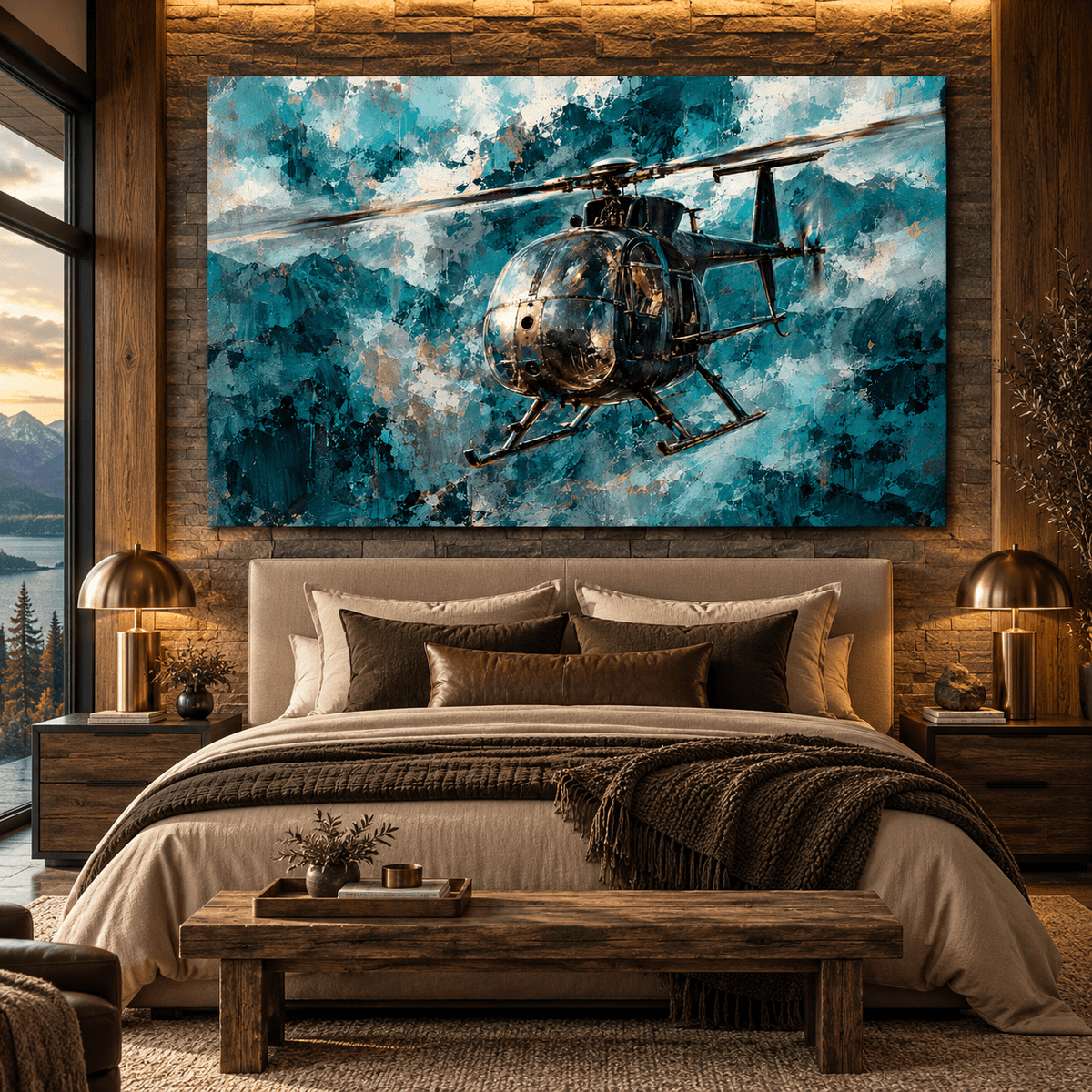 Abstract Helicopter Wrapped Canvas Wall Art – Teal Aviation Painting for Modern Office Decor - ART OF ROYALS