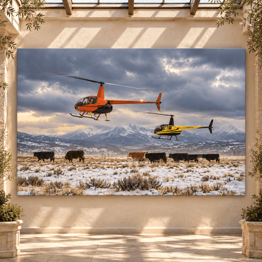 Two Helicopters Herding Cattle in Snowy Mountain Valley Wrapped Canvas Wall Art – Winter Ranch Aviation Print - ART OF ROYALS