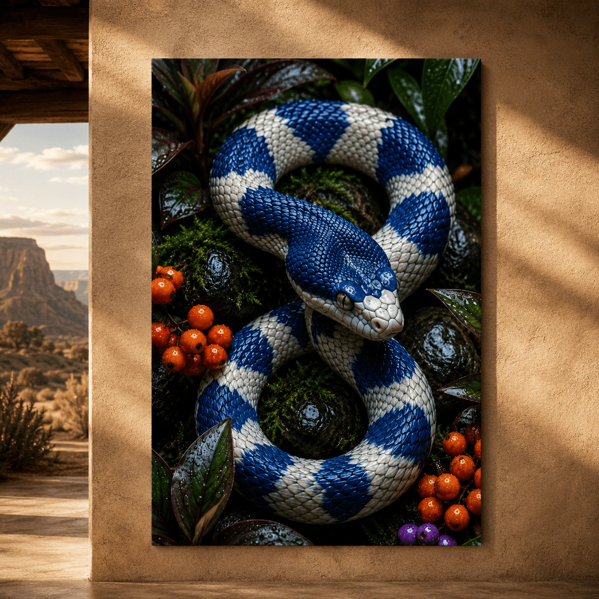 Blue and White Snake Wrapped Canvas Wall Art – Coiled Serpent Tropical Wildlife Print - ART OF ROYALS