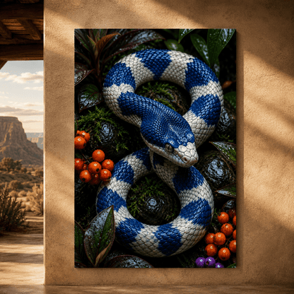 Blue and White Snake Wrapped Canvas Wall Art – Coiled Serpent Tropical Wildlife Print - ART OF ROYALS