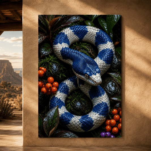 Blue and White Snake Wrapped Canvas Wall Art – Coiled Serpent Tropical Wildlife Print - ART OF ROYALS