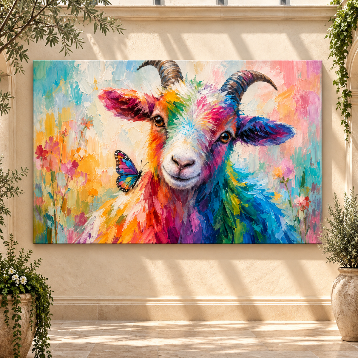 Colorful Goat & Butterfly Wrapped Canvas Wall Art – Whimsical Farmhouse Animal Painting