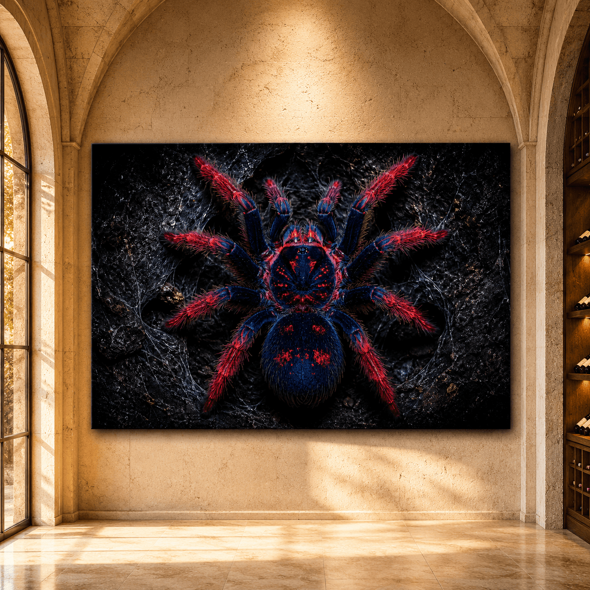 Red and Blue Tarantula Wrapped Canvas Wall Art – Dark Exotic Spider Wildlife Print - ART OF ROYALS