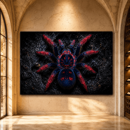 Red and Blue Tarantula Wrapped Canvas Wall Art – Dark Exotic Spider Wildlife Print - ART OF ROYALS