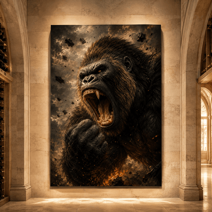 Roaring Gorilla Breaking Through Debris Wrapped Canvas Wall Art – Powerful Primate Wildlife Portrait - ART OF ROYALS