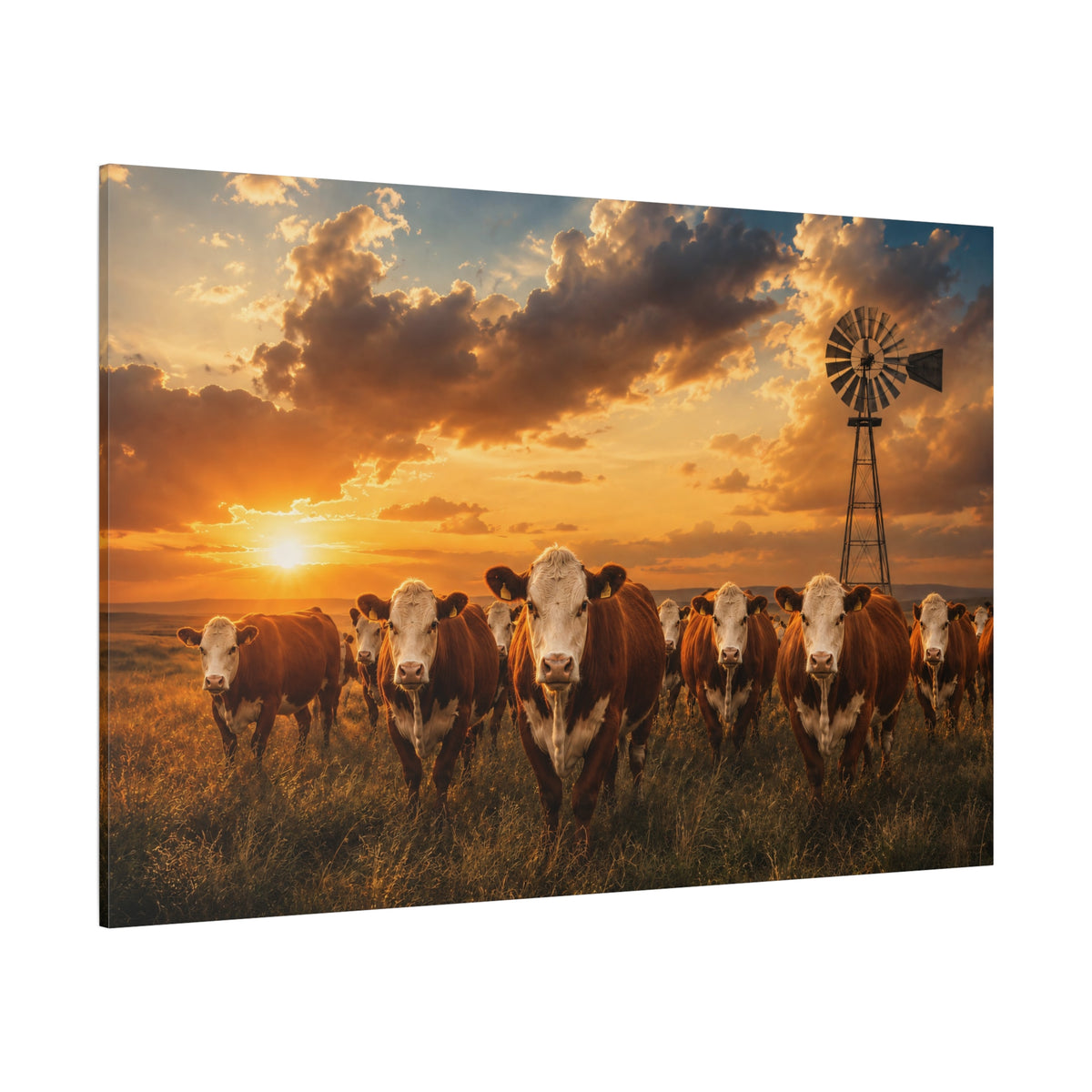 Hereford Cattle Herd at Windmill Sunset Wrapped Canvas Wall Art – Ranch Photography Print - ART OF ROYALS
