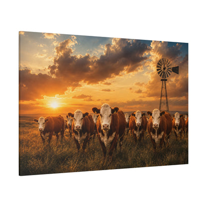 Hereford Cattle Herd at Windmill Sunset Wrapped Canvas Wall Art – Ranch Photography Print - ART OF ROYALS