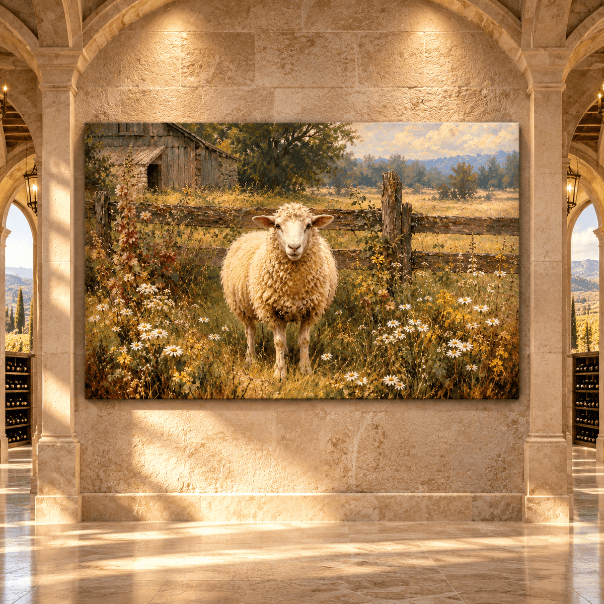 Sheep in Wildflower Meadow Wrapped Canvas Wall Art – Rustic Farmhouse Barn Landscape Painting - ART OF ROYALS