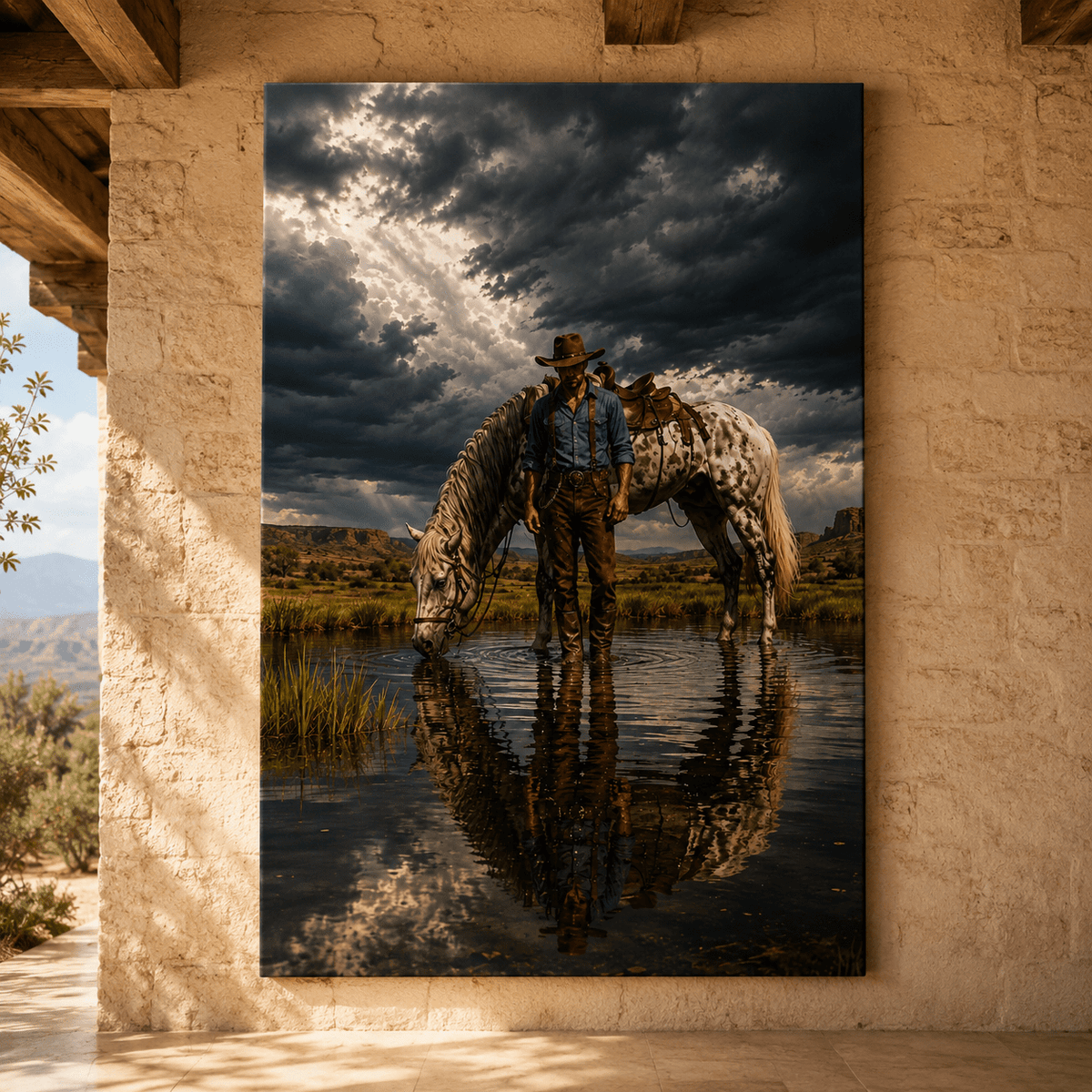 Cowboy and Appaloosa Horse Wrapped Canvas Wall Art – Stormy Western Ranch Landscape Print - ART OF ROYALS