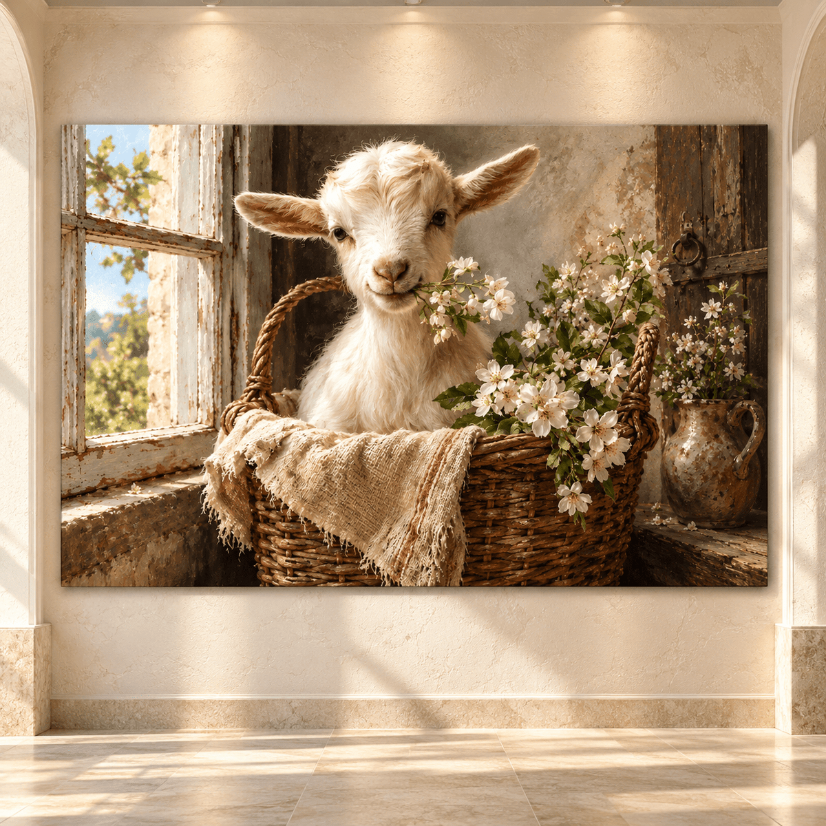 Baby Goat in Basket with White Blossoms Wrapped Canvas Wall Art – Rustic Farmhouse Nursery Decor - ART OF ROYALS