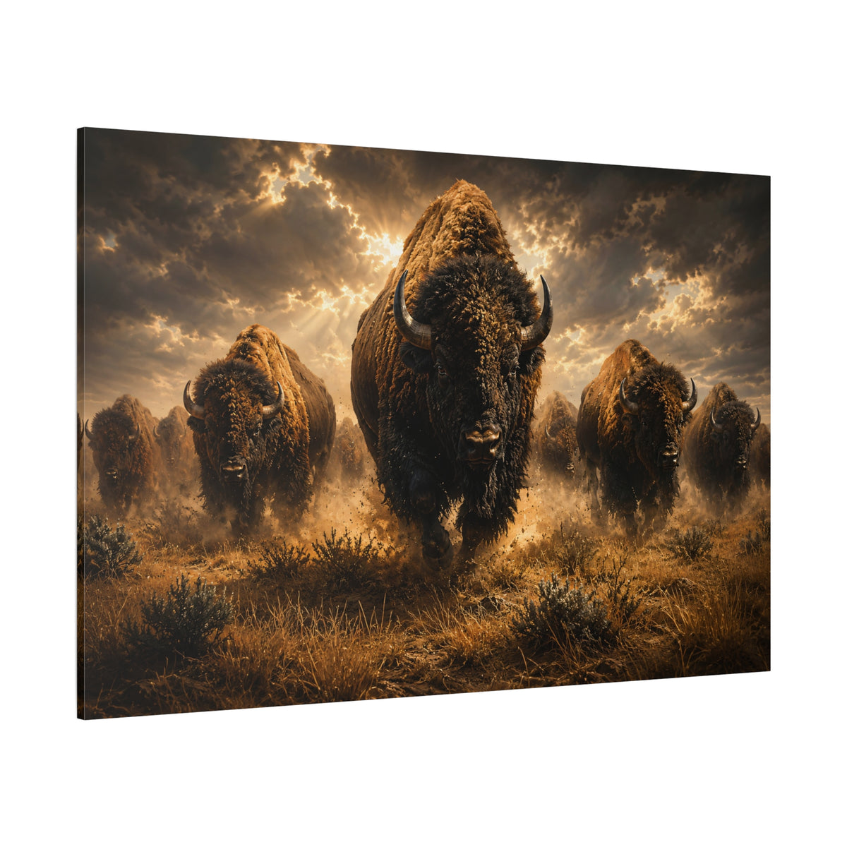 Stampeding Bison Herd Wrapped Canvas Wall Art – Epic American Buffalo Photography Print - ART OF ROYALS