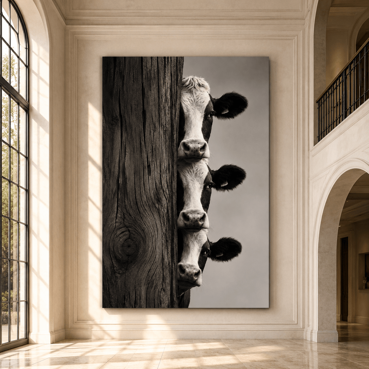 Cows Peeking Around Post Wrapped Canvas Wall Art – Playful Black and White Photography Print - ART OF ROYALS