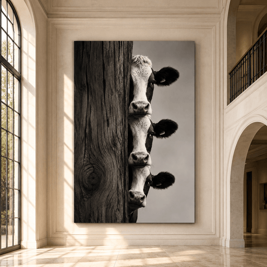 Cows Peeking Around Post Wrapped Canvas Wall Art – Playful Black and White Photography Print - ART OF ROYALS