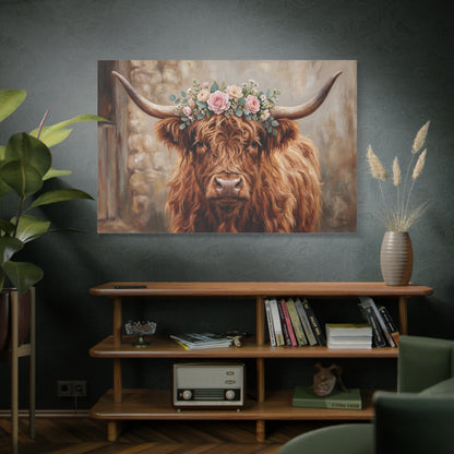 Highland Cow with Floral Crown – Rustic Farmhouse Canvas Wall Art