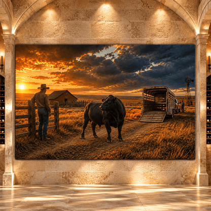 Black Angus Bull at Cattle Trailer Wrapped Canvas Wall Art – Western Ranch Sunset Landscape