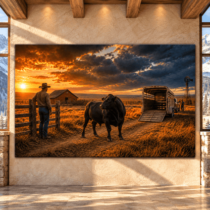 Black Angus Bull at Cattle Trailer Wrapped Canvas Wall Art – Western Ranch Sunset Landscape