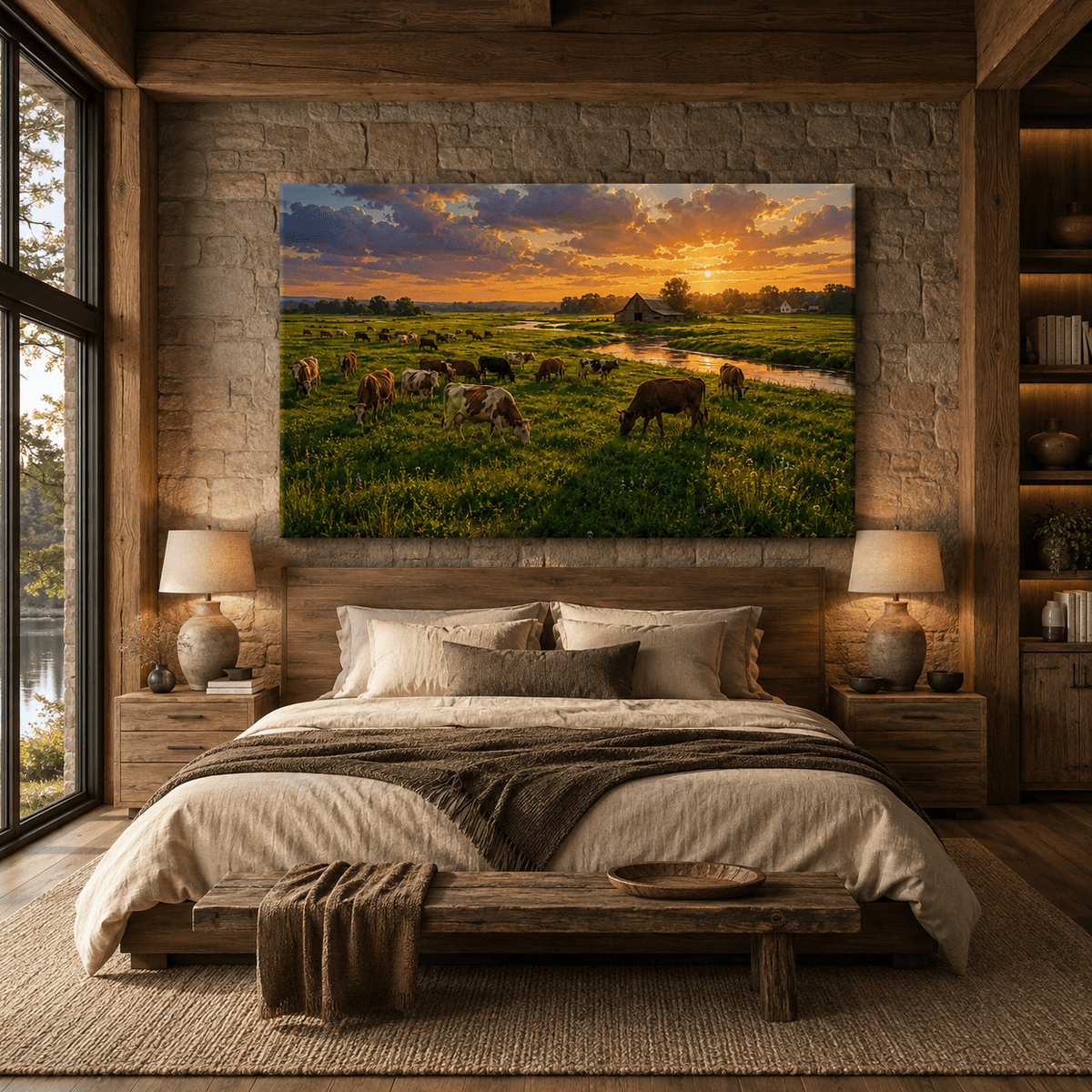 Cattle Grazing at Sunset Wrapped Canvas Wall Art – Rustic Farm Pasture &amp; Barn Landscape Print - ART OF ROYALS