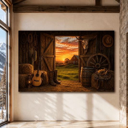 Rustic Western Barn at Sunset Wrapped Canvas Wall Art – Cowboy Ranch Saddle & Guitar Decor - ART OF ROYALS