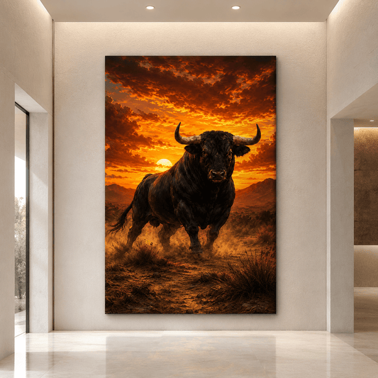 Charging Black Bull at Fiery Sunset Wrapped Canvas Wall Art – Powerful Western Cattle Ranch Print - ART OF ROYALS