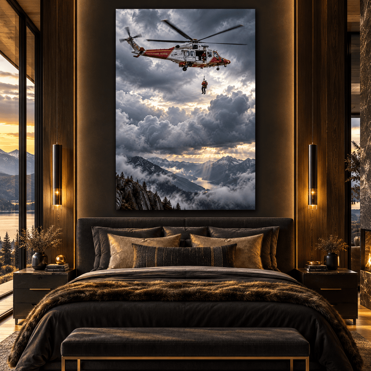 Mountain Rescue Helicopter Wrapped Canvas Wall Art – Dramatic Search & Rescue Aviation Print - ART OF ROYALS