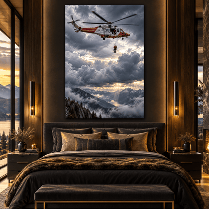 Mountain Rescue Helicopter Wrapped Canvas Wall Art – Dramatic Search & Rescue Aviation Print - ART OF ROYALS