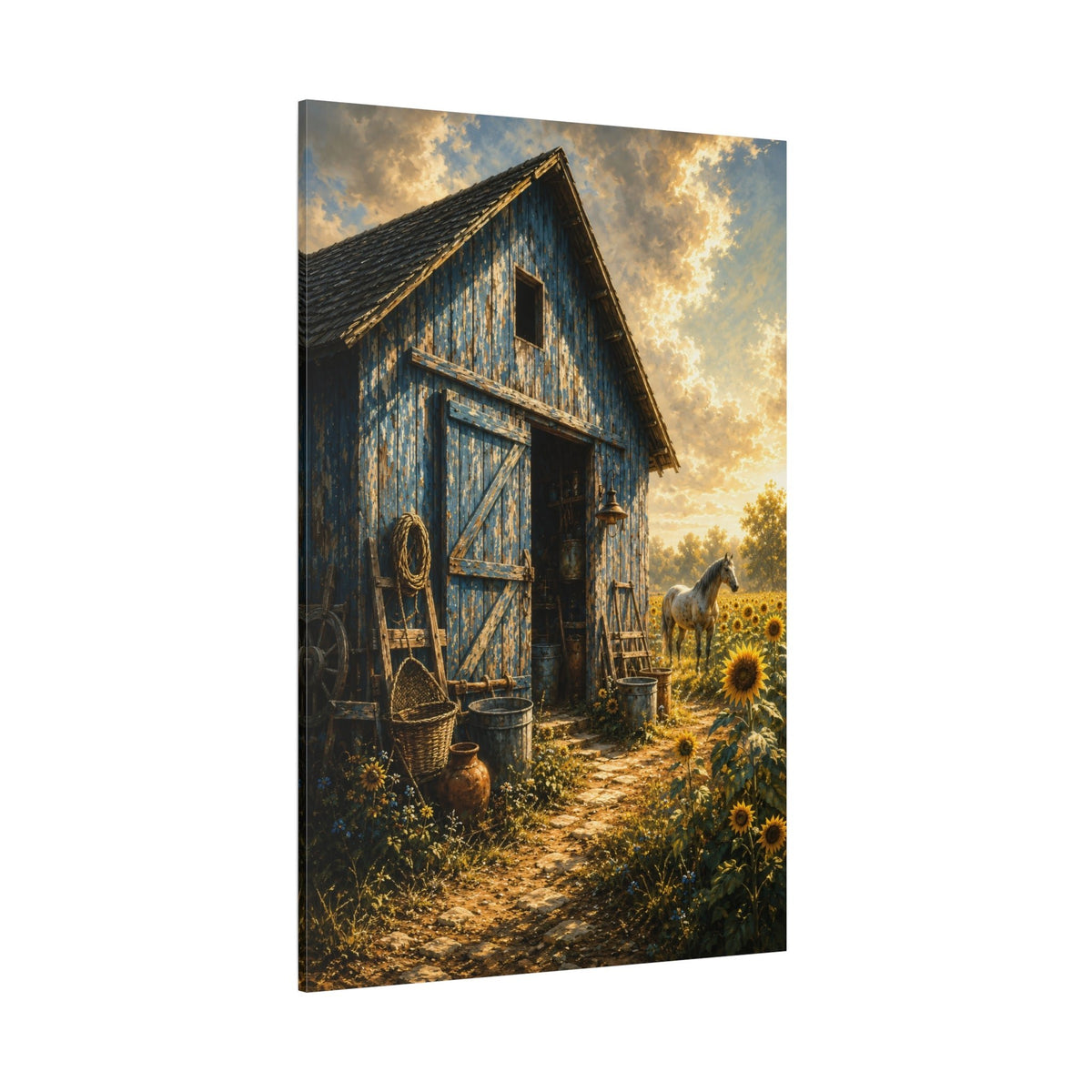Rustic Blue Barn and Sunflower Field Wrapped Canvas Wall Art – Farmhouse Country Landscape Print - ART OF ROYALS