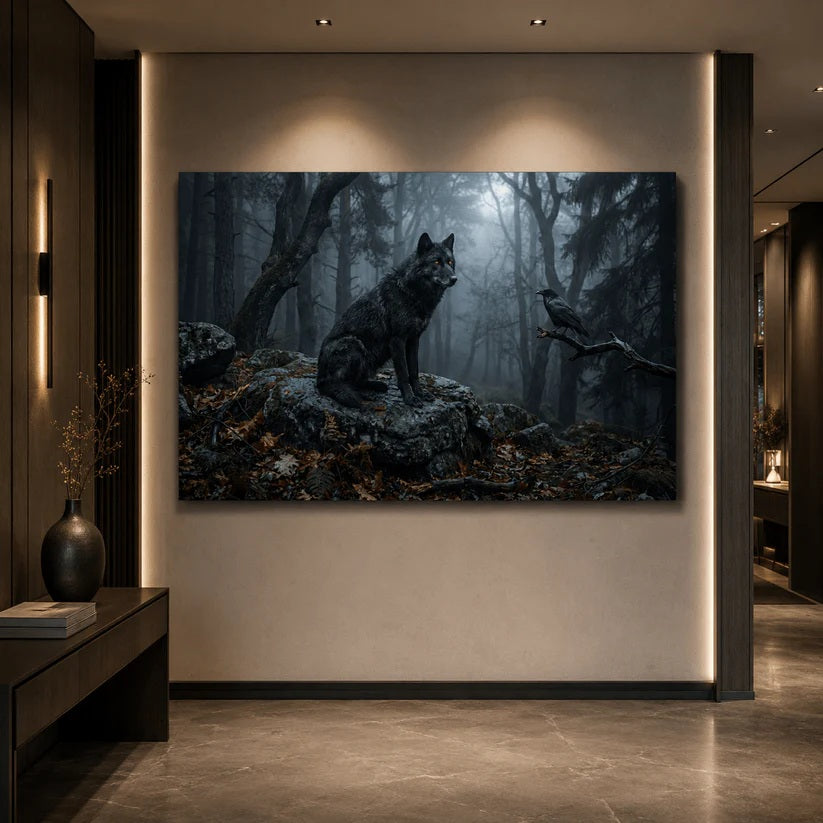 Black wolf raven misty forest canvas wall art for dark wilderness decor