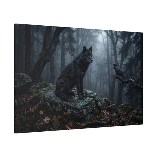 Black Wolf & Raven in Misty Forest – Dark Wilderness Canvas Wall Art