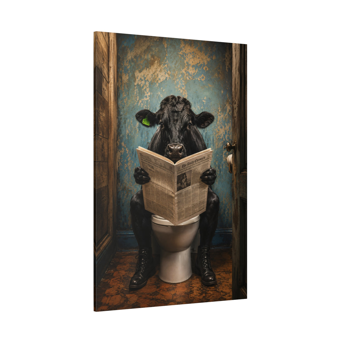Bull Reading Newspaper on Toilet Wrapped Canvas Wall Art – Funny Bathroom Novelty Print - ART OF ROYALS