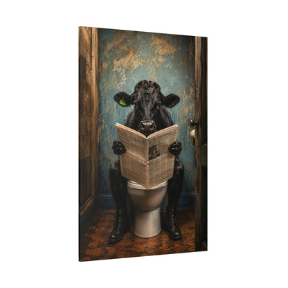 Bull Reading Newspaper on Toilet Wrapped Canvas Wall Art – Funny Bathroom Novelty Print - ART OF ROYALS