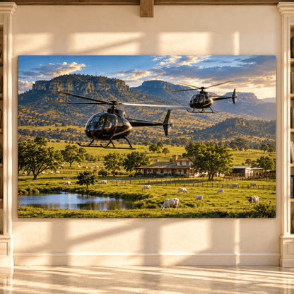 Cattle Ranch Helicopter Wrapped Canvas Wall Art – Luxury Ranch Landscape with Grazing Cows - ART OF ROYALS