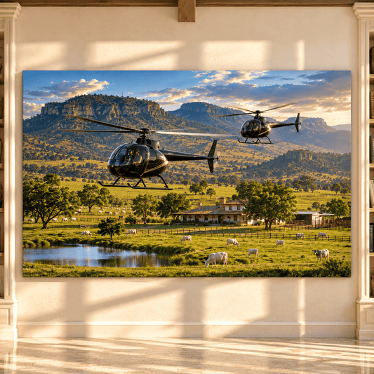 Cattle Ranch Helicopter Wrapped Canvas Wall Art – Luxury Ranch Landscape with Grazing Cows - ART OF ROYALS