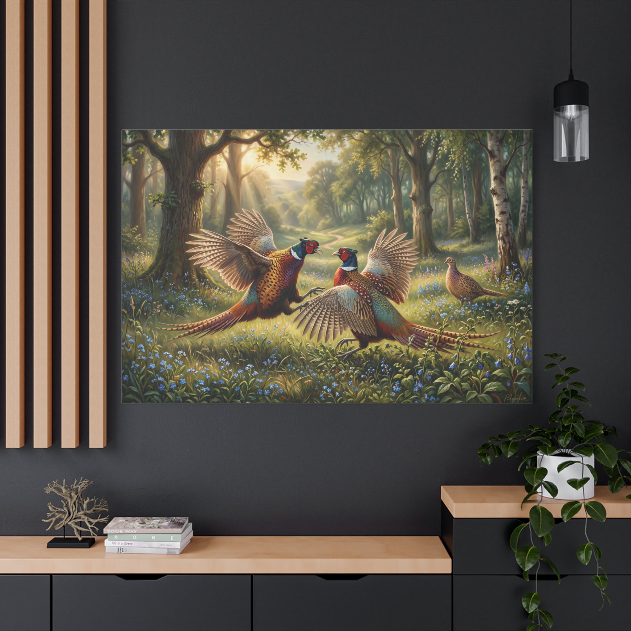 Winner Takes All pheasants duel canvas wall art for rustic cabin bird decor and woodland interiors