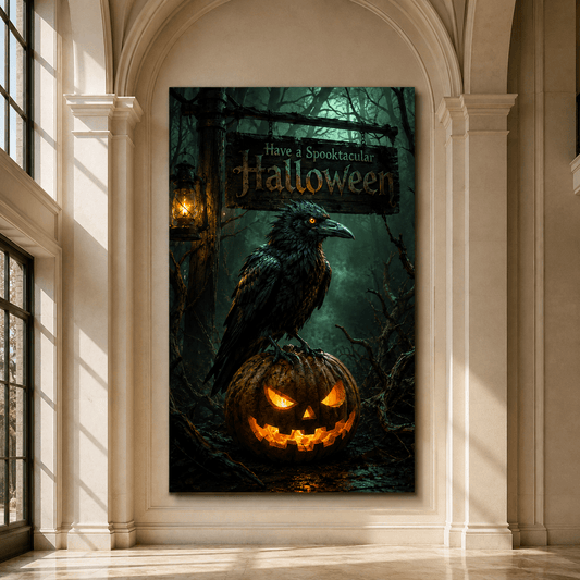 Halloween Raven & Jack-O’-Lantern Wrapped Canvas Wall Art – Spooky Crow Pumpkin Gothic Print - ART OF ROYALS