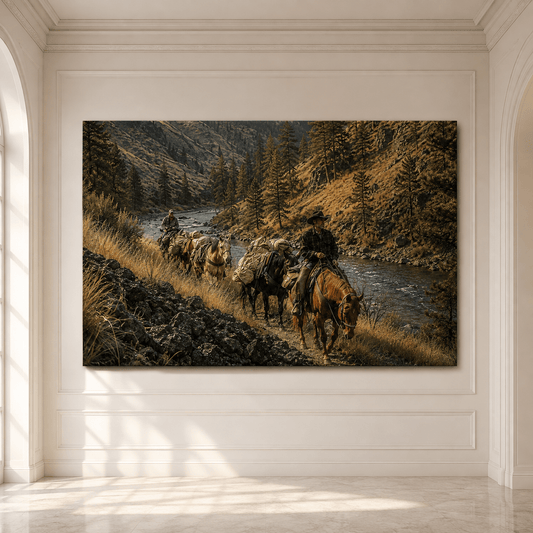 Cowboy Pack Train Along Mountain River Wrapped Canvas Wall Art – Western Horseback Wilderness Print - ART OF ROYALS