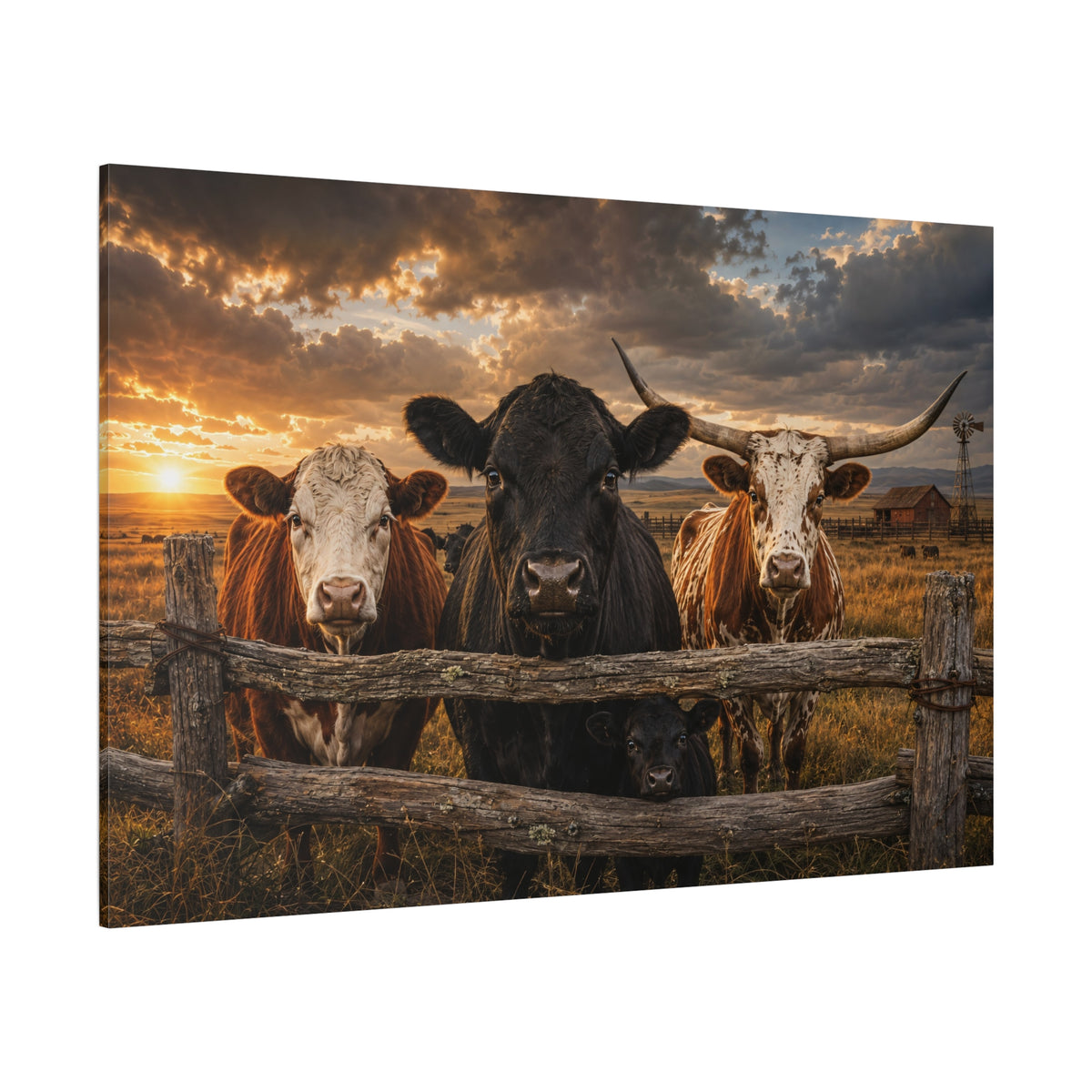 Black Angus, Longhorn and Hereford Cattle Family Wrapped Canvas Wall Art – Mixed Breed Ranch Print - ART OF ROYALS
