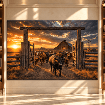Black Bull Leading Cattle Through Ranch Gate Wrapped Canvas Wall Art – Western Barn Sunset Landscape - ART OF ROYALS