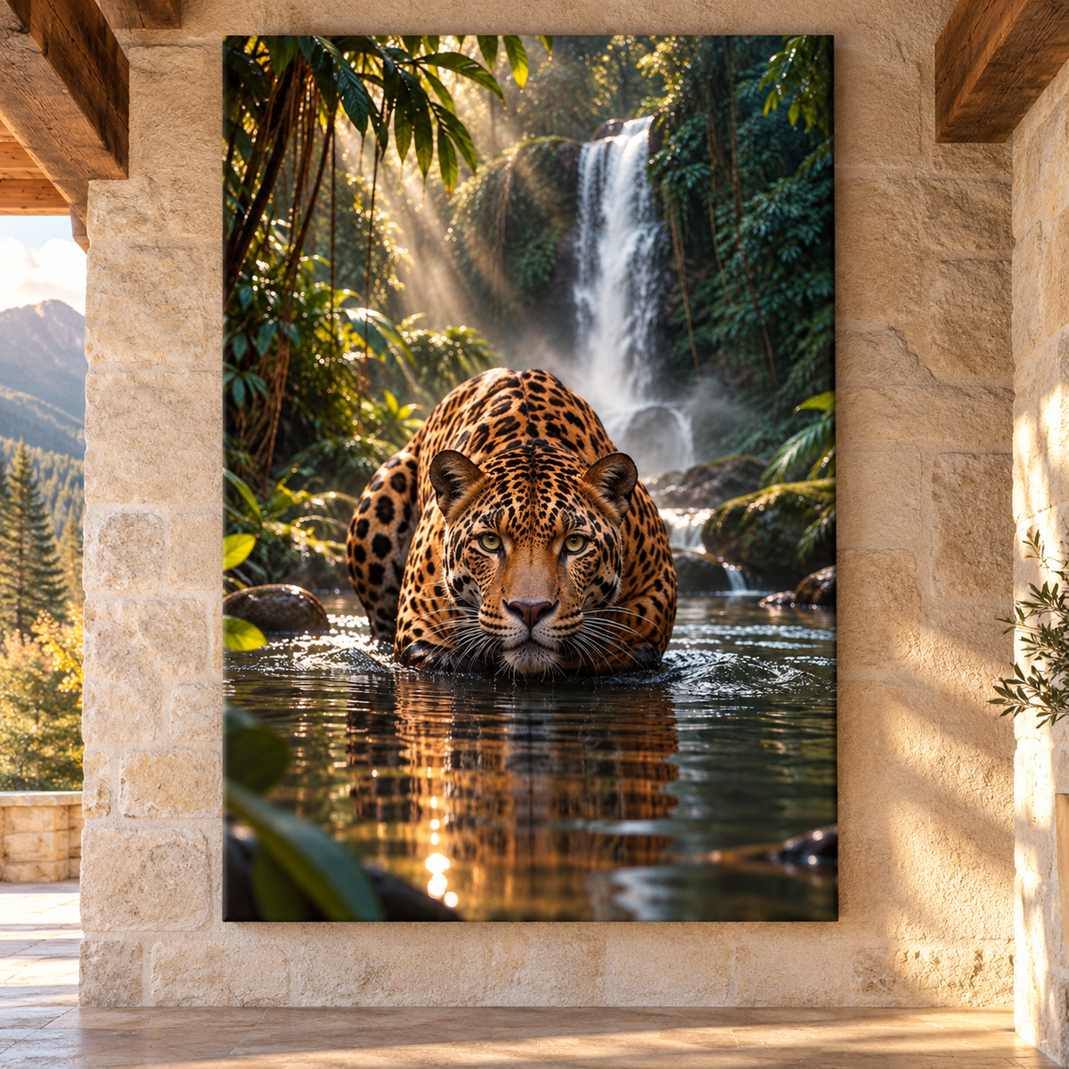 Jaguar Stalking Through Jungle Water Wrapped Canvas Wall Art – Tropical Big Cat Wildlife Print