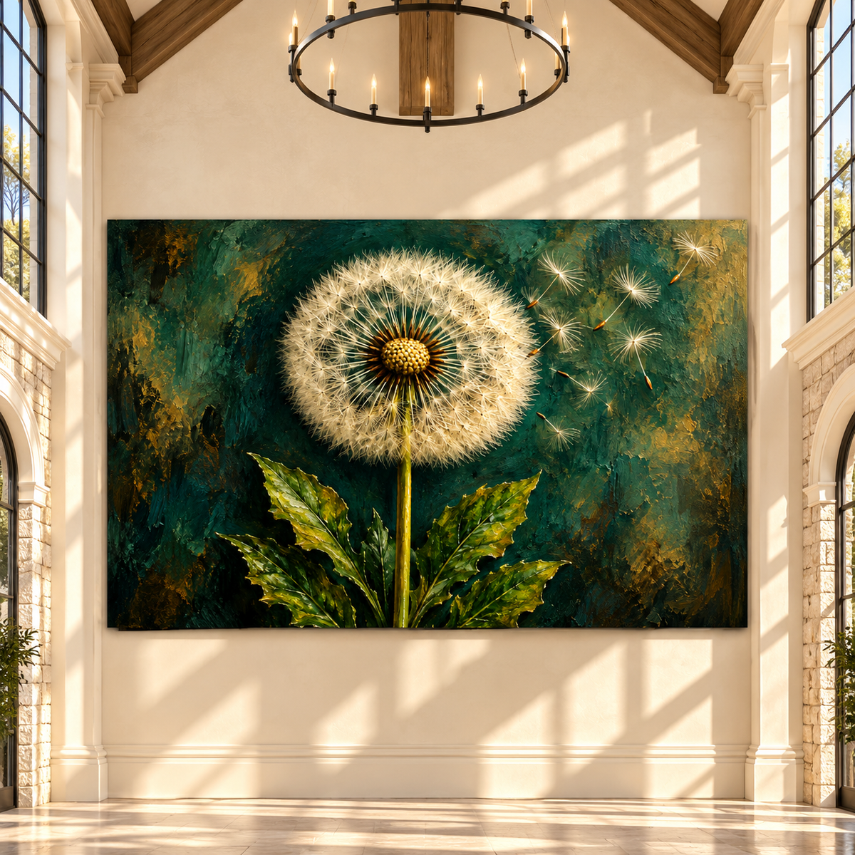 Dandelion Seeds in the Wind Wrapped Canvas Wall Art – Emerald Green & Gold Botanical Painting