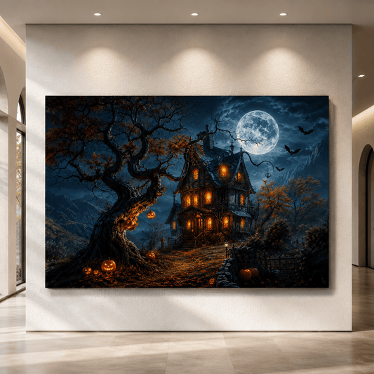 Haunted House Under Full Moon Wrapped Canvas Wall Art – Gothic Halloween Mansion Landscape Print - ART OF ROYALS