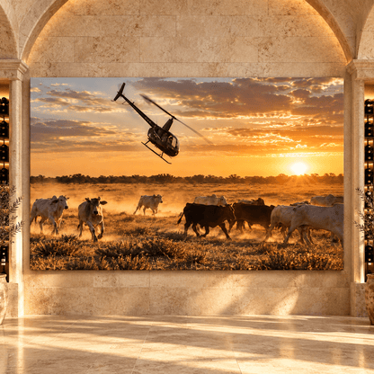 Cattle Mustering Helicopter Wrapped Canvas Wall Art – Sunset Ranch Herd Western Print - ART OF ROYALS