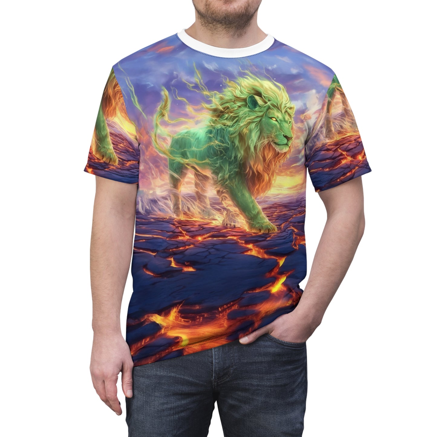 🌋 Emerald Blaze Lion – Elemental Power T-Shirt