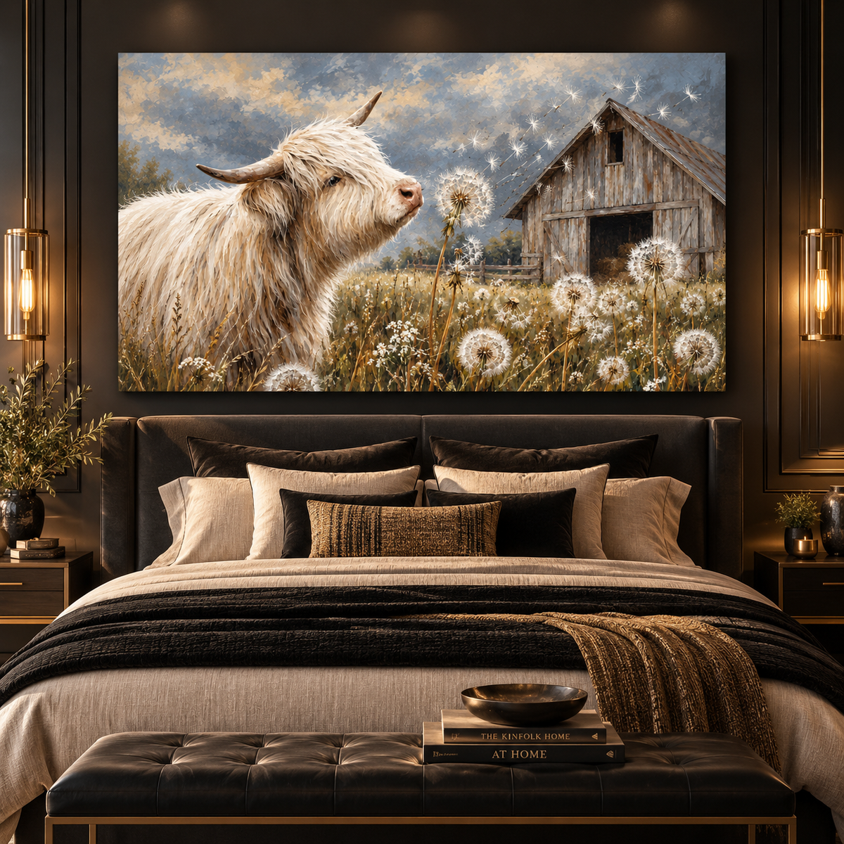 Highland Cow & Dandelion Wrapped Canvas Wall Art – Rustic Farmhouse Cattle Meadow Painting