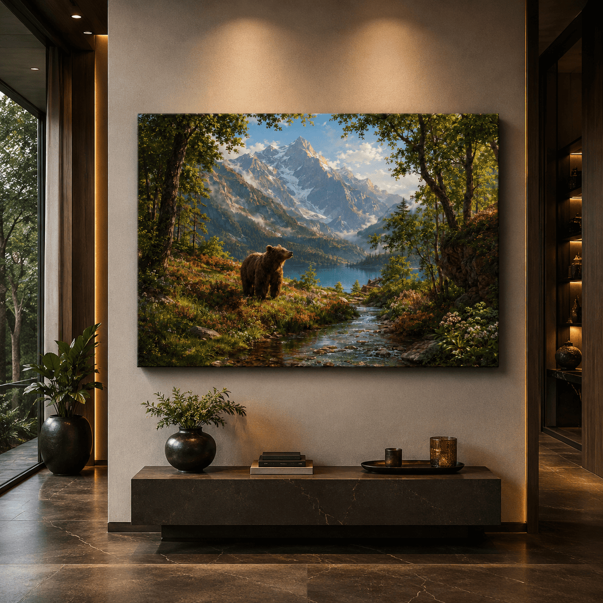 Grizzly Bear Mountain Landscape Wrapped Canvas Wall Art – Alpine Lake & Wildflower Wilderness Print - ART OF ROYALS