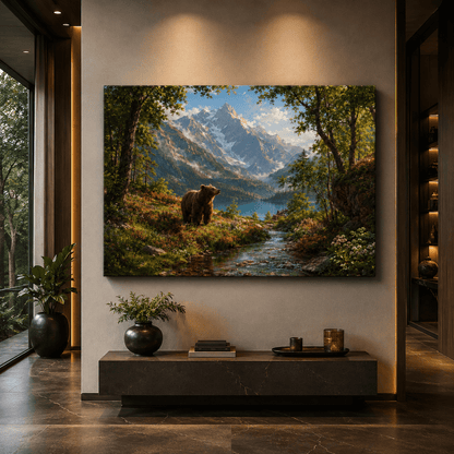 Grizzly Bear Mountain Landscape Wrapped Canvas Wall Art – Alpine Lake & Wildflower Wilderness Print - ART OF ROYALS