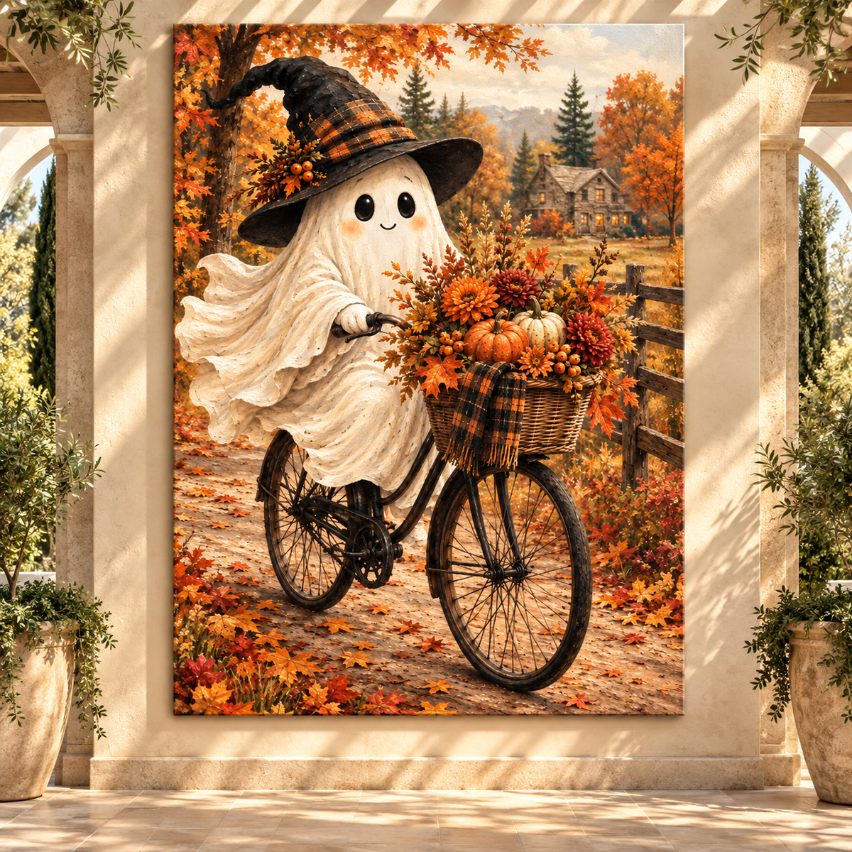 Whimsical Halloween Ghost on Bicycle Wrapped Canvas Wall Art – Cozy Autumn Farmhouse Painting