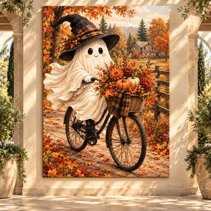 Whimsical Halloween Ghost on Bicycle Wrapped Canvas Wall Art – Cozy Autumn Farmhouse Painting